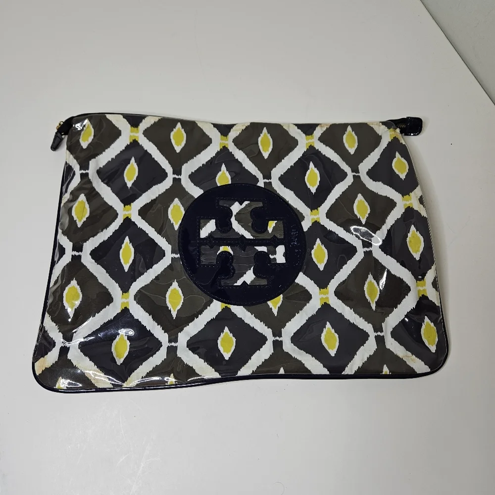 Tory Burch Cosmetic Bag black, yellow, white ikat pattern, Zipper, Flat